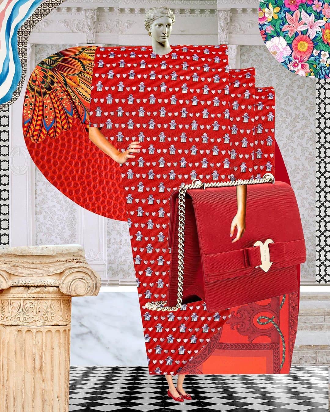 サルヴァトーレ・フェラガモさんのインスタグラム写真 - (サルヴァトーレ・フェラガモInstagram)「A token of love can take many different shapes and forms: Golden hour by the sea, dressing up for yourself in a fantastical red gown cinched together by a Gancini belt or offering a new Vara Bow bag, complete with a playful heart clasp, to a loved one for Valentine’s. Collage artist @JohannaGoodman brings the full fantasy alive in her #PatchworkofLove collage for #FerragamoValentinesDay.」2月14日 23時01分 - ferragamo