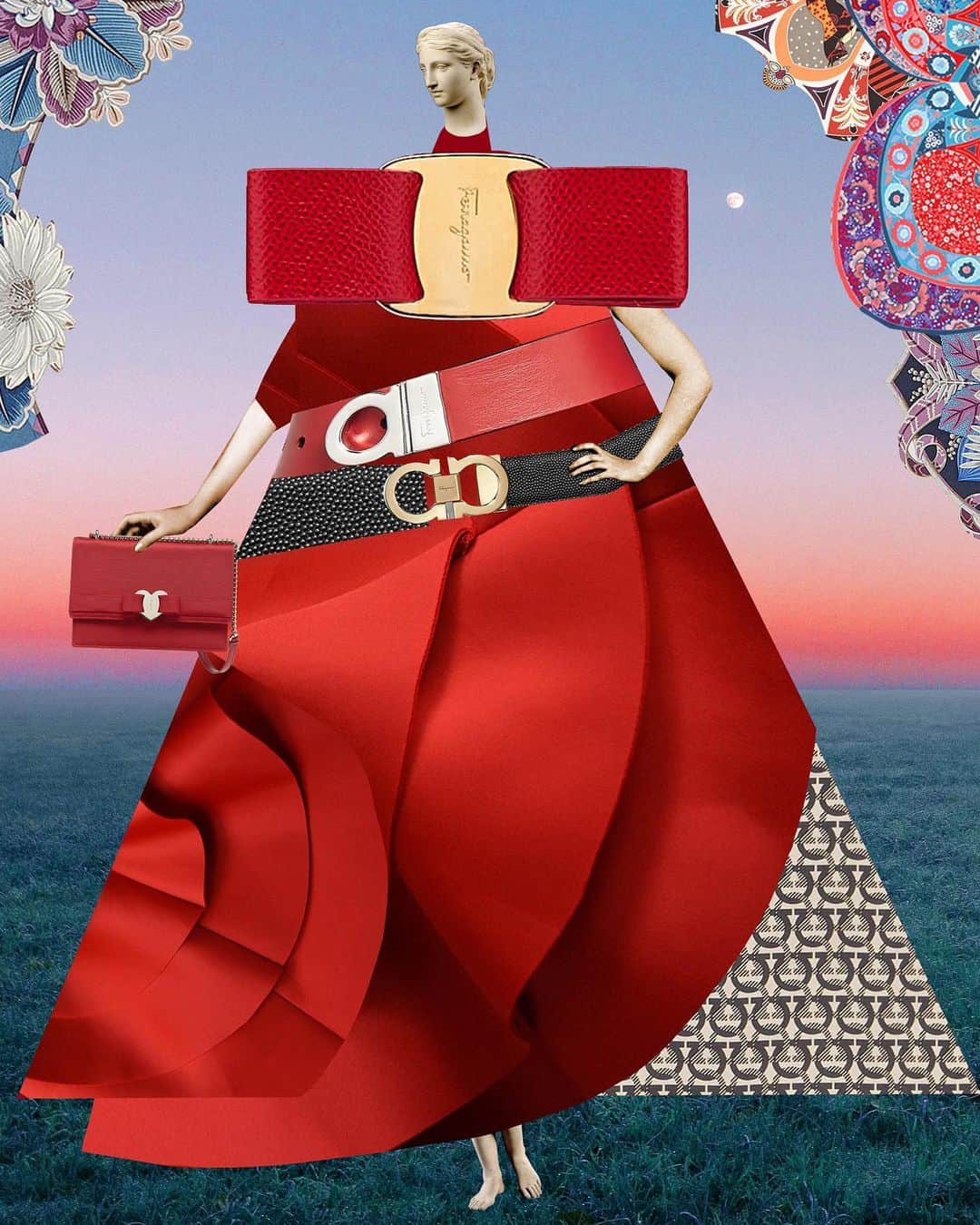 サルヴァトーレ・フェラガモさんのインスタグラム写真 - (サルヴァトーレ・フェラガモInstagram)「A token of love can take many different shapes and forms: Golden hour by the sea, dressing up for yourself in a fantastical red gown cinched together by a Gancini belt or offering a new Vara Bow bag, complete with a playful heart clasp, to a loved one for Valentine’s. Collage artist @JohannaGoodman brings the full fantasy alive in her #PatchworkofLove collage for #FerragamoValentinesDay.」2月14日 23時01分 - ferragamo