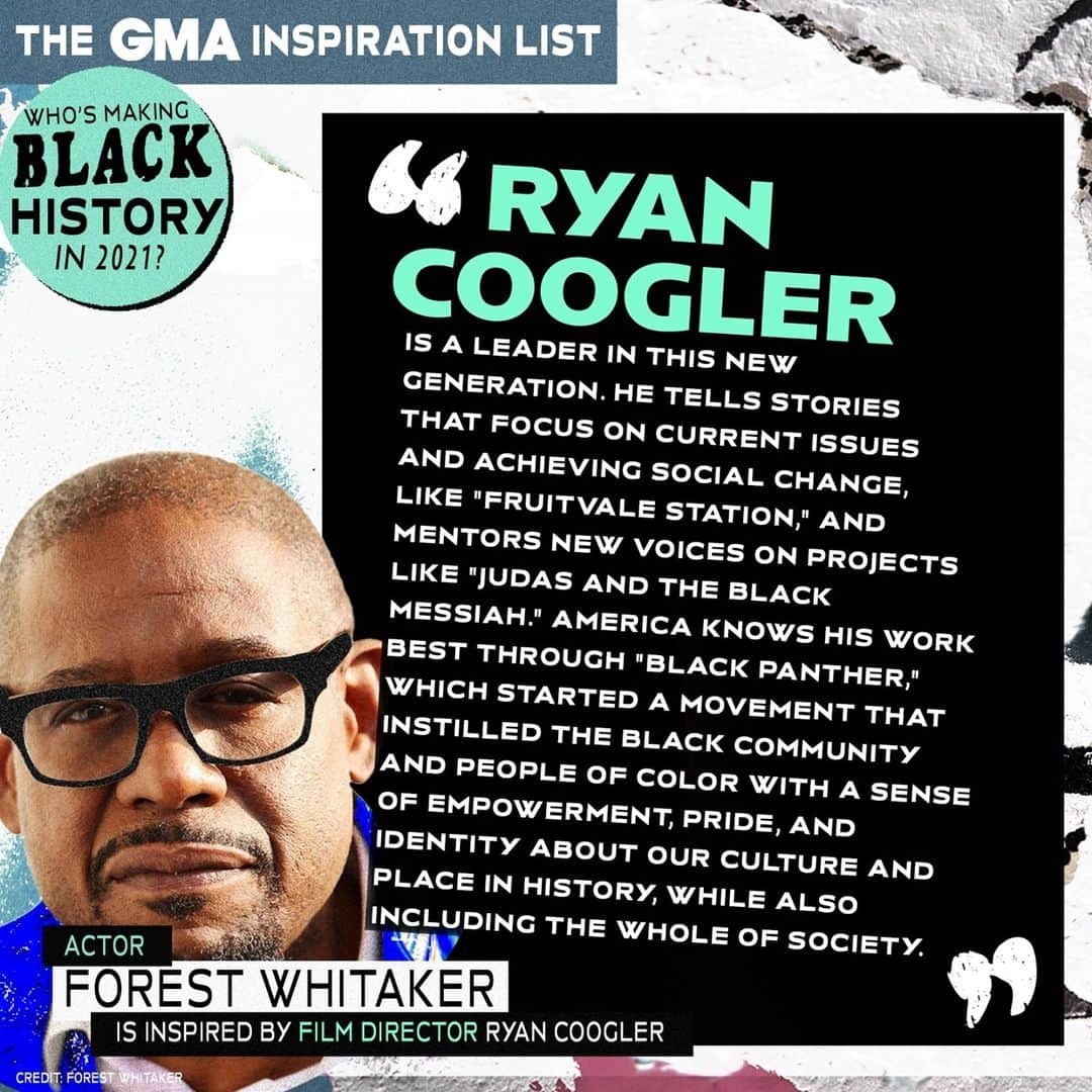 Good Morning Americaさんのインスタグラム写真 - (Good Morning AmericaInstagram)「#GMAInspirationList: Who’s making Black history right now? @forestwhitaker nominates #RyanCoogler⁠ as part of the next generation of heroes for the Black community. SEE LINK IN BIO FOR THE FULL LIST. #bhm #blackhistorymonth #GMAInspirationList #blackexcellence #blackhistory」2月14日 23時12分 - goodmorningamerica