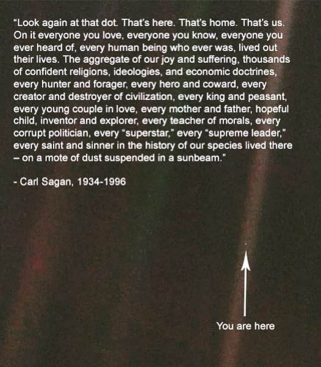 ミッキー・サムナーのインスタグラム：「Love ❤️ Love ❤️ Love Repost from @myecoresolution • February 14 1990, the Pale Blue Dot is a photograph of planet earth taken from the space probe Voyager 1, from 6 billion kilometres away. “Preserve and cherish the pale blue dot, the only home we’ve ever known” 🌎 Love your home today 💙 #palebluedot @myecoresolution #love」