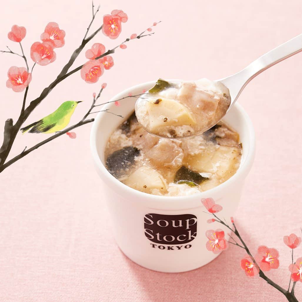 スープストックトーキョー 公式のインスタグラム：「春の兆しを感じながら。 ーーーーーーーーーーーーーーーーー－－－－－－－ 【🌸】雪梅蛋花湯（梅と筍の中華スープ） ーーーーーーーーーーーーーーーーーーーーーー－－  今週からのおすすめは、新商品の「雪梅蛋花湯」。 （ルビ：シュメイダンファタン）  中国語で蛋(ダン)は卵、花湯(ファタン)はスープの中で玉子が花のようにふわっと開いたスープ(＝湯)のこと。 筍、わかめ、豚肉が入った具沢山の中華スープです。 雪に見立てた卵白で、ふわっと柔らかく仕上げました。 甘酸っぱい梅の旨味が口の中でじんわり広がります。  二月の別名は梅見月。雪も残り寒さも続く中、 春を待ちきれず咲く"梅の花"を想い作ったスープです。  「春はまだかな、もうすぐかな」と想うような気候も増えてきました。春を想うひとときを、熱々のスープとともにお楽しみください。  #soupstocktokyo#soup#スープストックトーキョー#スープストック#スープ#雪梅蛋花湯#梅と筍の中華スープ#シュメイダンファタン#梅#筍」