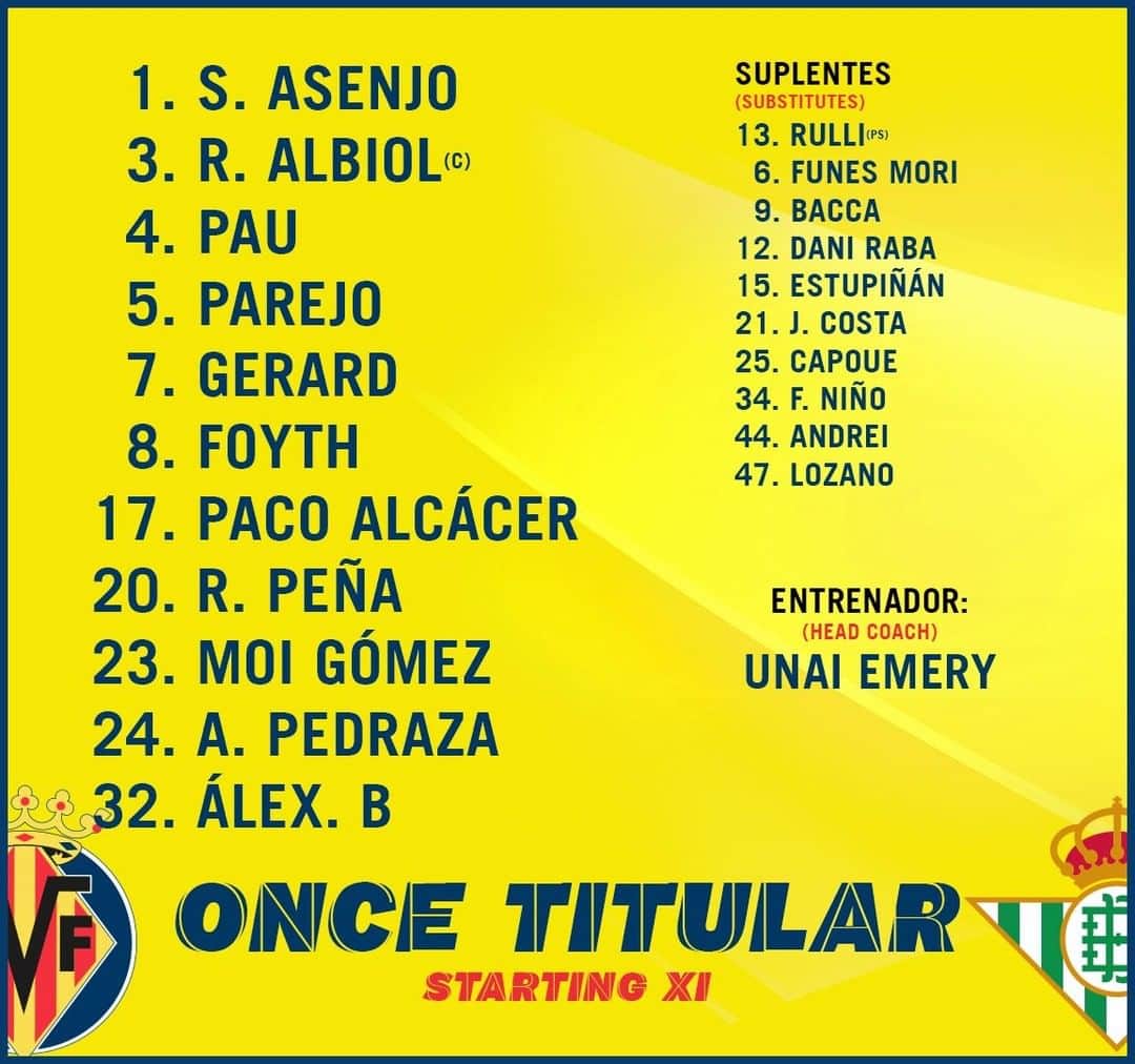 ビジャレアルCFのインスタグラム：「¡Y este es el once inicial amarillo 💛 ante el @realbetisbalompie!  👉 #VillarrealRealBetis (21.00h, en directo por @movistarplus).  #futbol #soccer #football #submarino」