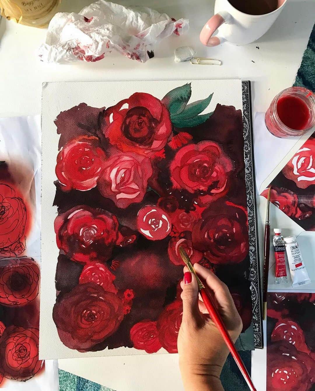 Ceci Johnsonのインスタグラム：「Red roses are for lovers. 🌹 A look at a commissioned watercolor hand painted by @cecijohnson Swipe to see how the final art came out. ❤️ #cecinewyork #beautifyyourworld #valentinesday #love #art #creativity #createart #watercolor #createeveryday #redroses #roses #handpaintedroses #artist #watercolorart #watercolorartist #watercolorroses」