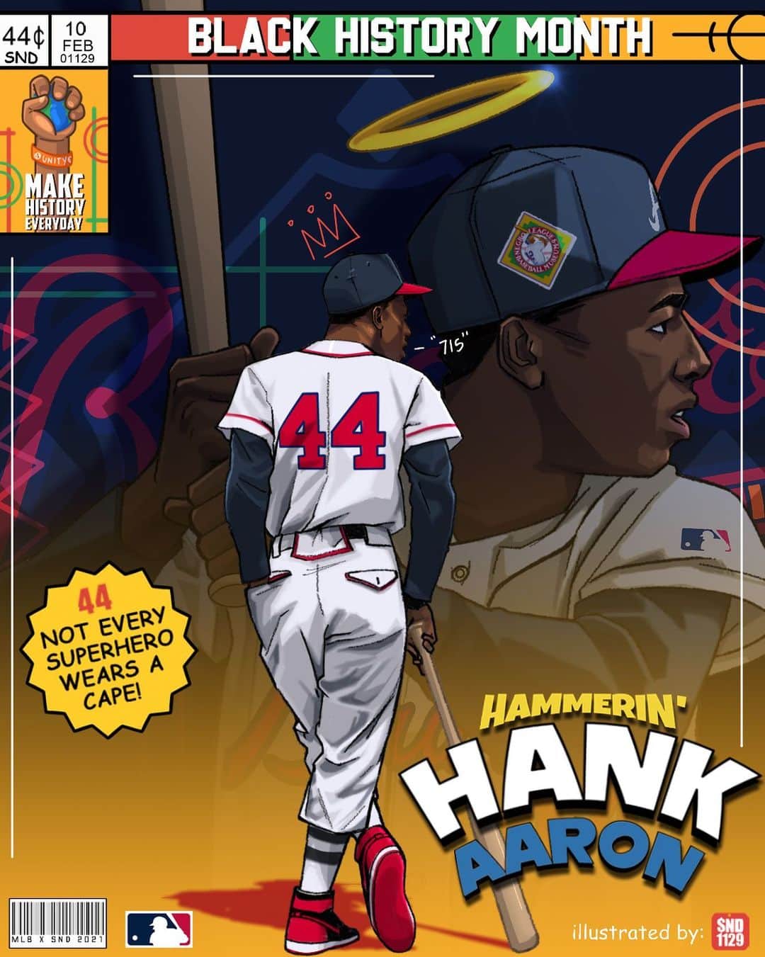 MLBさんのインスタグラム写真 - (MLBInstagram)「Hank was a superhero on and off the field.  Today, we continue our Black History Month artist series with a piece honoring the legendary Henry Aaron. Art by @snd1129 #MLBLK」2月15日 5時01分 - mlb