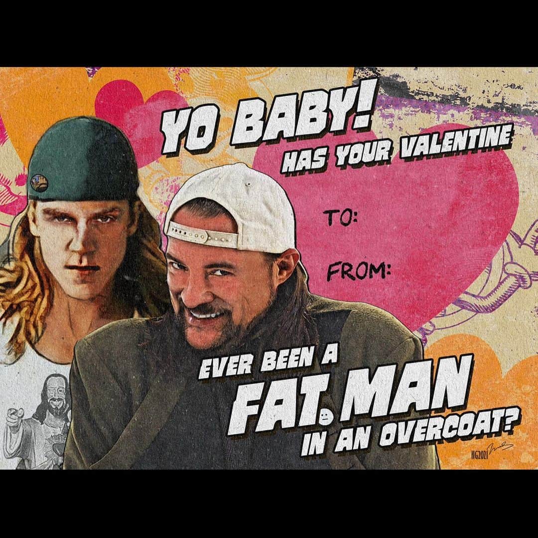 ケヴィン・スミスのインスタグラム：「HAPPY VALENTINES DAY from @jayandsilentbob and @moobyspopup!  In grade school, there was always the terror when the teacher opened the box that maybe you’d receive no Valentines. But the great @thedarknatereturns is here to make sure you get at least 6 of them! So @jaymewes and I Choo-Choo-Choose You to be our sweetheart! And if you’re not satisfied with the two of us, Dante, Randal, Elias, Becky, or Mooby himself are happy to be your Valentine clerk! Just because they serve you doesn’t mean they don’t like you! #KevinSmith #darknatereturns #valentinesday」