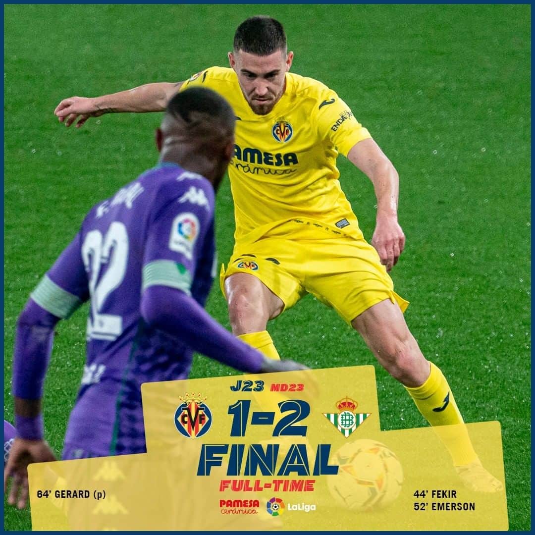 ビジャレアルCFのインスタグラム：「FINAL. El #Villarreal cae por primera vez en La Cerámica esta temporada ante el @realbetisbalompie (1-2). . FULL-TIME. #Villarreal lose at La Cerámica for the first time this season, against @realbetisbalompie (1-2). . #futbol #soccer #football #submarino」