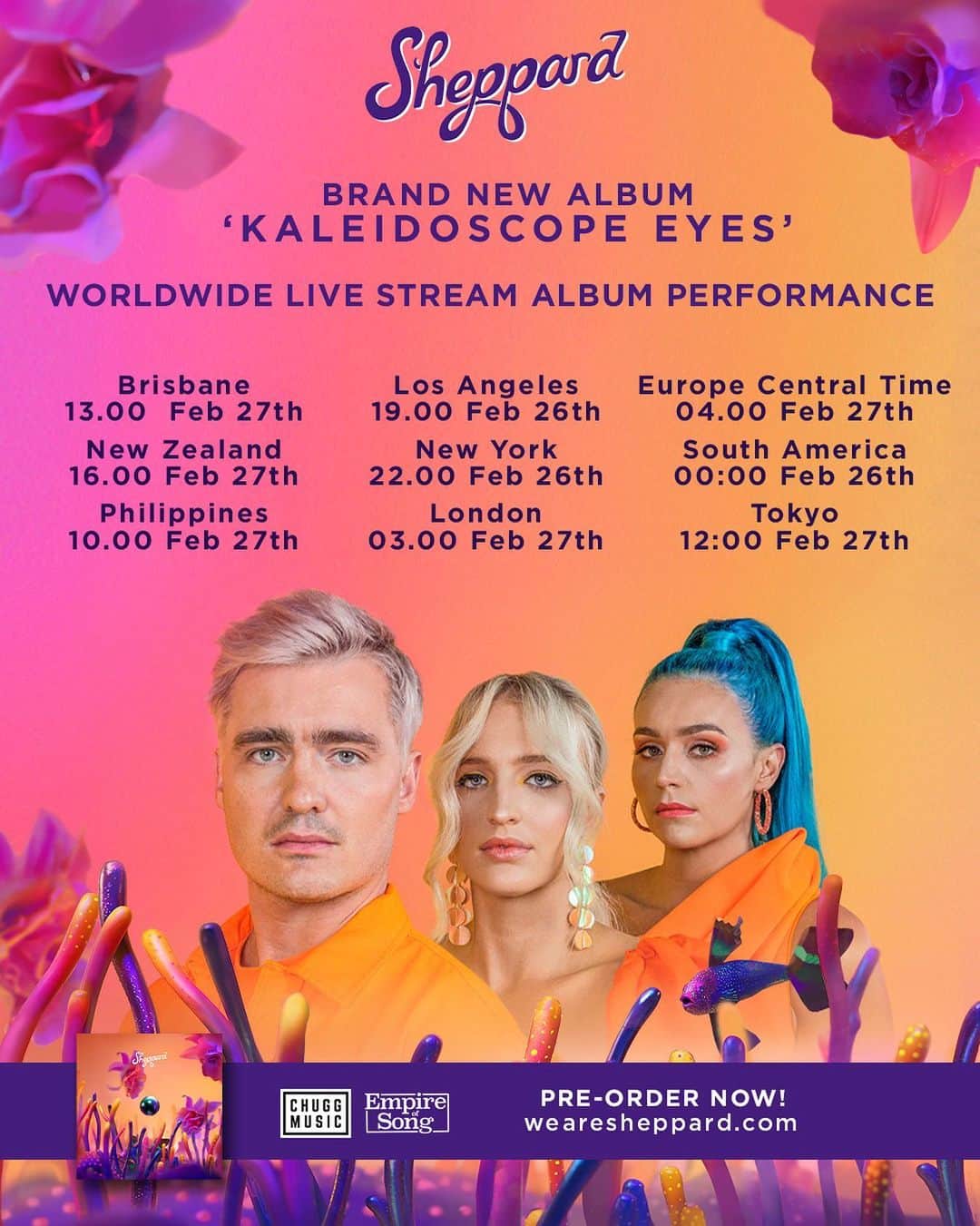 シェパードのインスタグラム：「Good news!! Wherever you are in the world 🌎 these are your times to watch on @youtube our worldwide streaming concert! And if you’re in Brisbane , you can grab a ticket to see the concert in person! Head to our link in bio to get yours!」