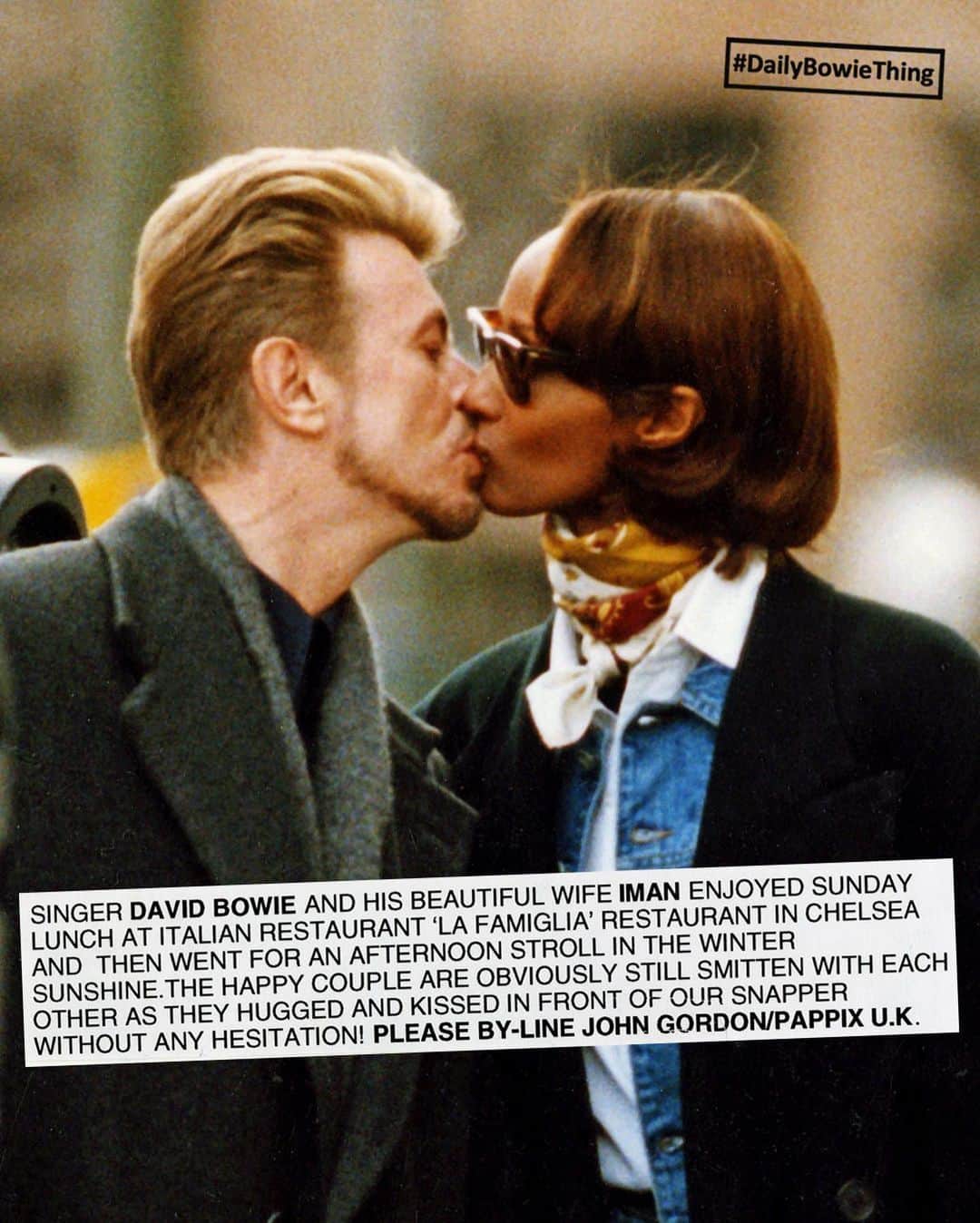 デヴィッド・ボウイさんのインスタグラム写真 - (デヴィッド・ボウイInstagram)「DAILY BOWIE THING – Day 88  “He kissed her then and there...”  @the_real_iman posted two Valentine’s Day messages to David on socials earlier, one of which triggered today’s #DailyBowieThing.  It was a picture of them from March 1993 kissing in the street in London’s Chelsea, with the following caption…  + - + - + - + - + - + - + - + - + - + - + - + - + - + - +  ❤️You #BowieForever #ValentinesDay  + - + - + - + - + - + - + - + - + - + - + - + - + - + - +  We rarely post paparazzi pictures, but we’re making an exception for these as it seems (if the photo caption is to be believed), that the couple were OK with the situation.   They certainly look like they were.   #DailyBowieThing  #DavidAndIman  #‎ForeverLove」2月15日 8時28分 - davidbowie