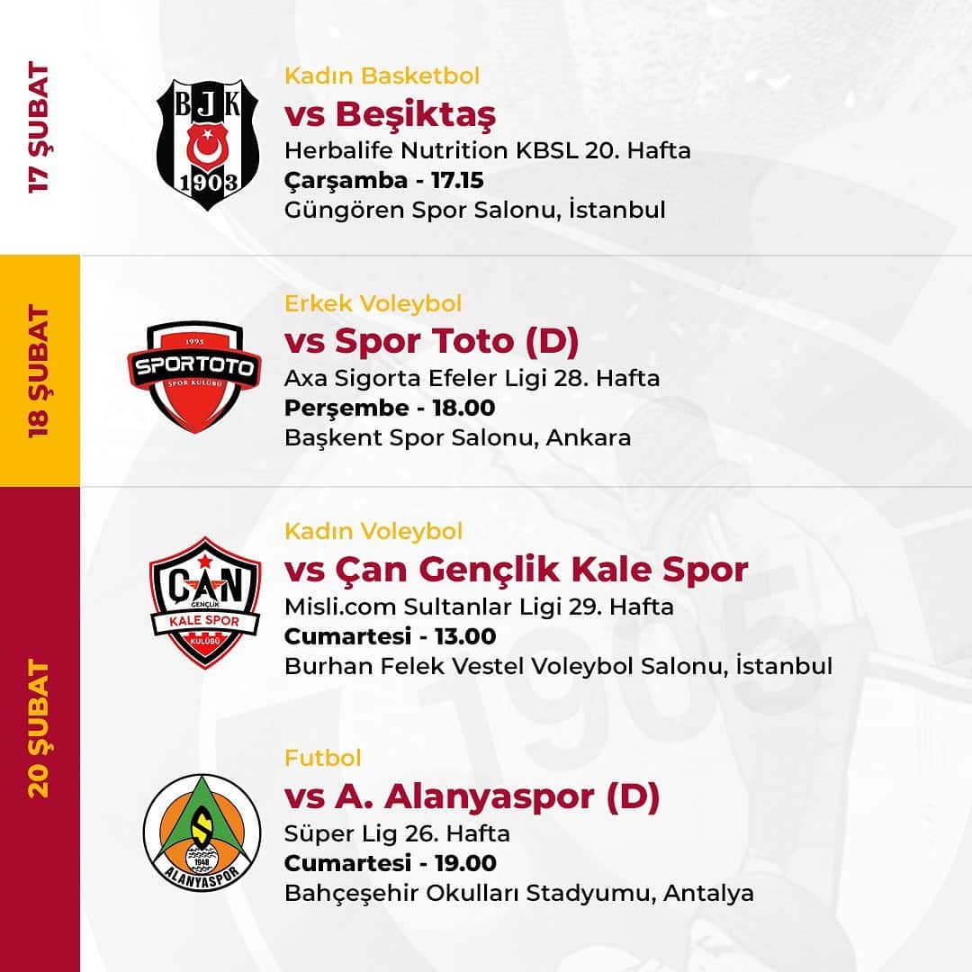 ガラタサライSKさんのインスタグラム写真 - (ガラタサライSKInstagram)「🗓 Galatasarayımızda haftanın programı. ⚽ 🏀 🏐 #WeekOfGala 💪」2月15日 20時42分 - galatasaray