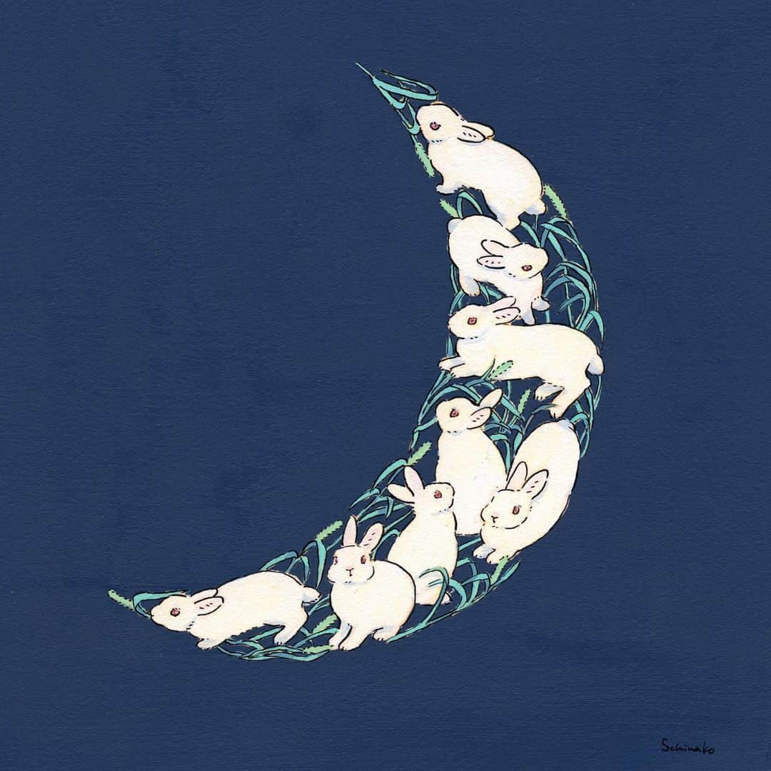 森山標子(しなこ)/Schinakoのインスタグラム：「Crescent moon 🌙🐰 この絵の他にも時々使っている手法なのですが、葉っぱの曲がり方で形を作るアイデア、これは北斎の絵を参考にしています。だいぶ昔、自分の絵にすごく悩んでいたとき、浮世絵をよく見て参考にしていました。モチーフを並べて一つの形にするの自体も、寄せ絵と言って浮世絵にあるテクニックです。 * #illustration#art#drawing#design#acrylicpaint#アクリル絵の具#rabbit#bunny#うさぎ」