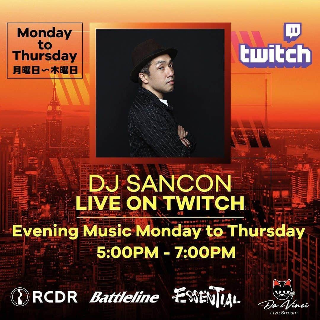 DJ SANCONさんのインスタグラム写真 - (DJ SANCONInstagram)「本日月曜日から木曜日まで 毎日17時〜19時  ツイッチライブ配信やってみます！  帰宅の移動時間、部屋でリラックス 夕食準備時間など 自分に合う時のBGMに 使って下さい🙂✌️  live on twitch  5pm → 7pm  Evening Music  月曜日〜木曜日 Monday to Thursday.   #twitchlive #twitchdj #twitchdjing  #livestreaming #twitchlivestream  #djsancon」2月15日 12時00分 - djsancon