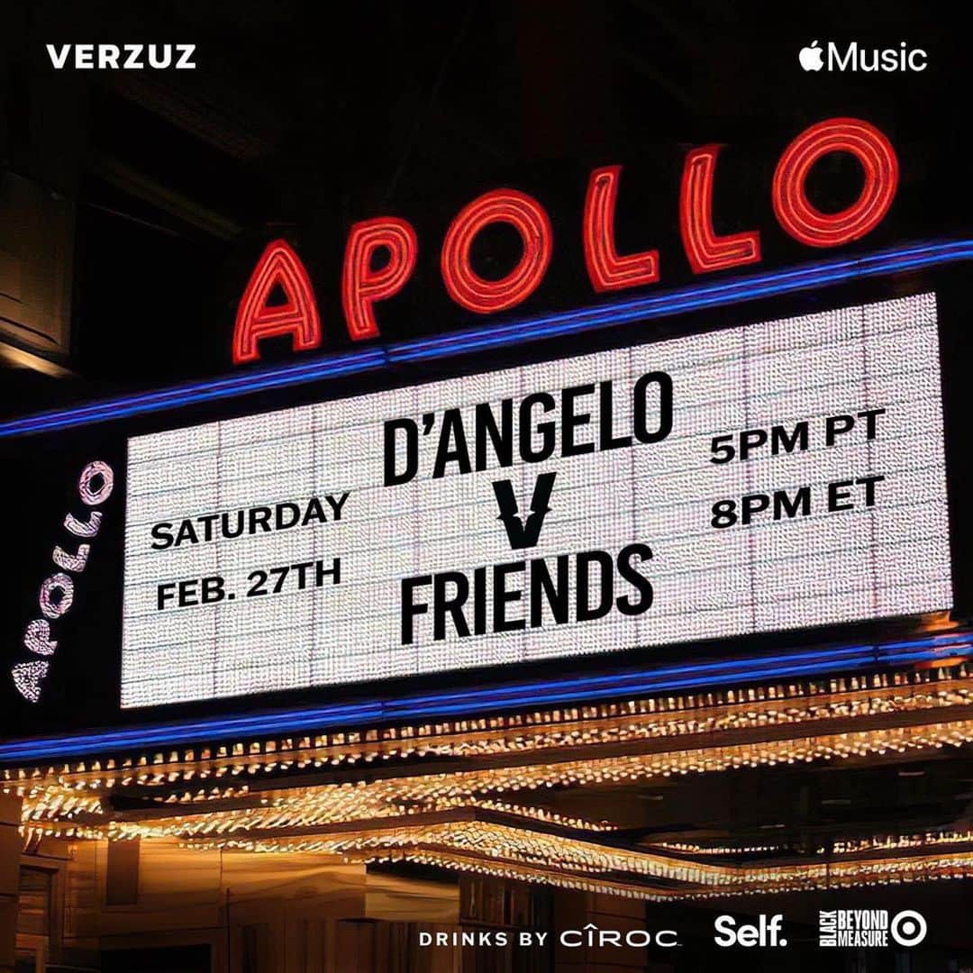 スウィズ・ビーツのインスタグラム：「Happy Valentine’s Day, loved ones. Our gift to you. ❤️ Live from the @ApolloTheater in Harlem. Who you think is pullin’ up to take on the King on February 27th? Sure to be a legendary night!  D’Angelo (@thedangelo) + friends Tune in on Saturday, February 27th at 5pm PT/8pm ET live in HD on @VerzuzTV or in HD on @AppleMusic. #VERZUZ @selffinancial @target #VerzuzAtTheApollo  Drinks by @Ciroc」