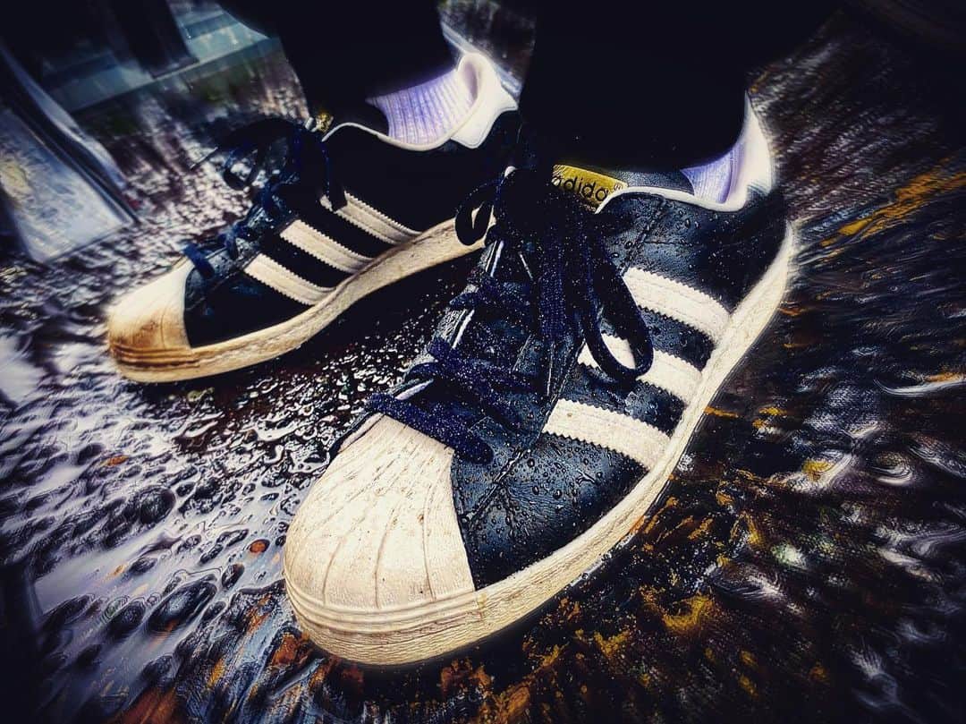荒木駿平のインスタグラム：「﻿ ﻿ 今日みたいな雨の日は𝐒𝐔𝐏𝐄𝐑 𝐒𝐓𝐀𝐑を育てる日👷‍♂️﻿ ﻿ #☔️  #adidassuperstar #今日みたいな雨の日は　#育てたい靴を履こう　#5年くらい前に幕張のアウトレットで出会った　#金ベロスーパースター」