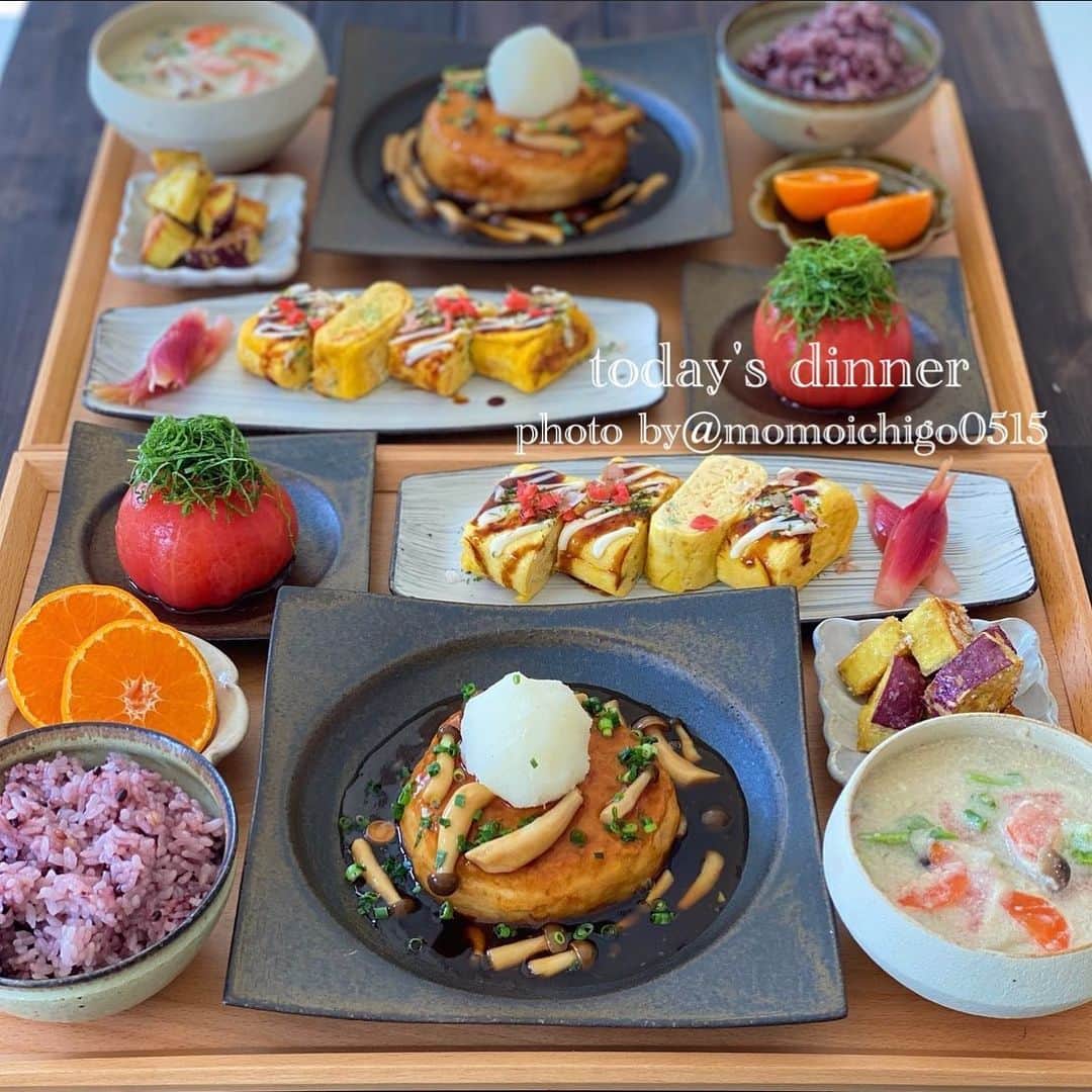 YASUKO TAKESUEのインスタグラム：「. 今日のご飯😊💕 . . 🌟豆腐ハンバーグ 🌟丸ごとトマトのお浸し 🌟キャベツ入り卵焼きお好み焼き風. 🌟さつまいもシュガーバター. 🌟カブの豆乳みそスープ 🌟みかん  . . .  #晩ごはん#晩ご飯#夜ごはん#よるごはん#夕食#おうちごはん#お家ご飯#うちご飯#おうちご飯lover#おうちご飯記録#食卓#手料理#手作りご飯#料理写真#器好き#器集め#献立#家庭料理#food #foodpic#foodstagram#food photography#followme #instagood #水野幸一#奥田章#古谷浩一」