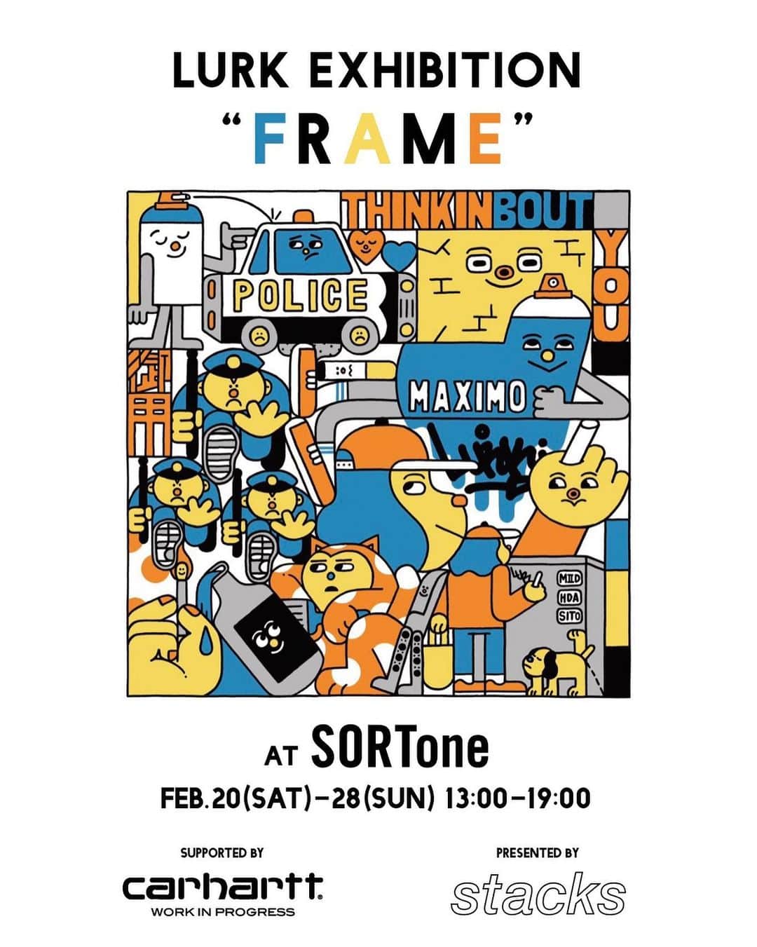 カーハートのインスタグラム：「LURK Exhibition “FRAME”  presented by stacks bookstore supported by Carhartt WIP  at SORTone 〒150-0001 東京都渋谷区神宮前2-14-17-1F Feb. 20（Sat）〜28（Sun） 13:00〜19:00」