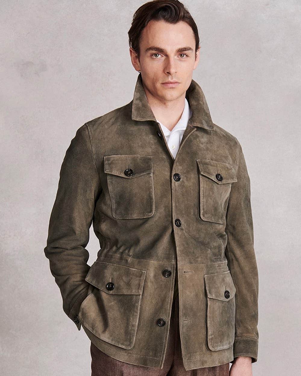 ニュー&リングウッドのインスタグラム：「The latest and most luxurious version of our popular four-pocket safari jacket is rendered in a supple brown suede, affording a rugged comfort and lightweight warmth.   #newandlingwood」