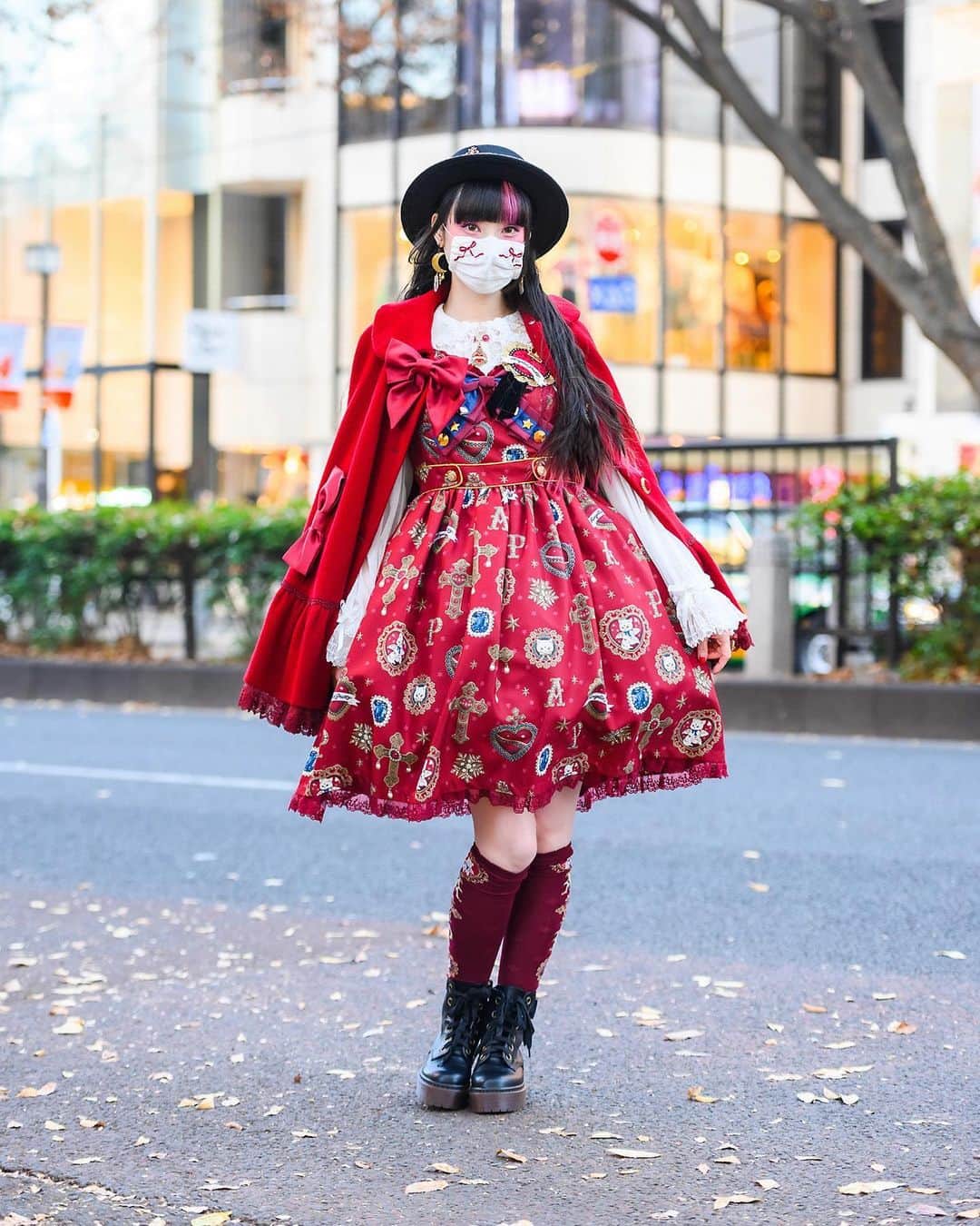 のインスタグラム：「Tokyo-based lolita model RinRin Doll (@rinrindoll) on the street in Harajuku wearing an Angelic Pretty dress with an Angelic Pretty velvet cape, Lyra by Miki earrings, a bow face mask, Vivienne Westwood rings, Anna Sui accessories, and Milk Harajuku boots.」