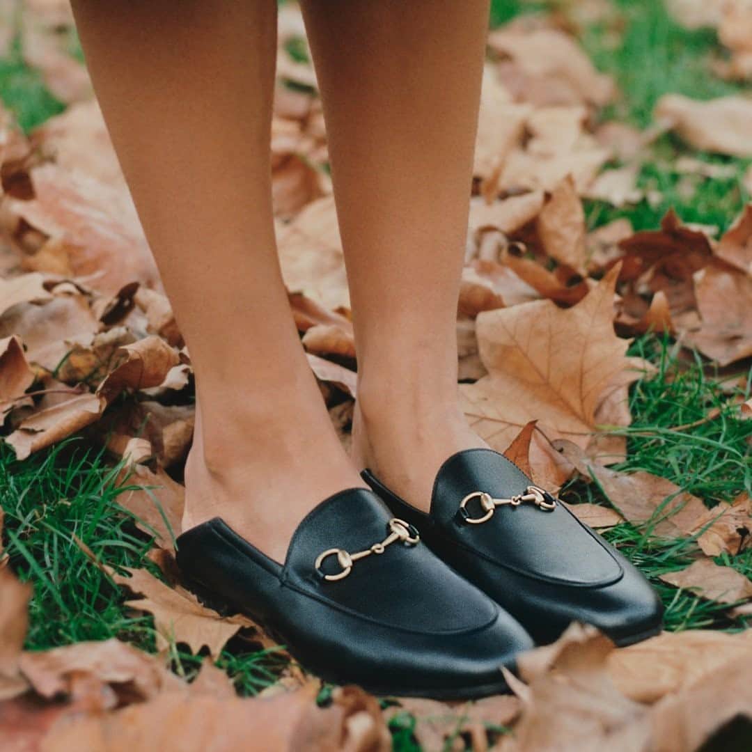 のインスタグラム：「Amongst fallen leaves, the Horsebit leather shoes appear in the #GucciWinterinthePark campaign. Designed by @alessandro_michele, the style can be worn with the heel folded down as a slipper or up as a loafer. Discover more through link in bio. #AlessandroMichele #GucciWinterinthePark」