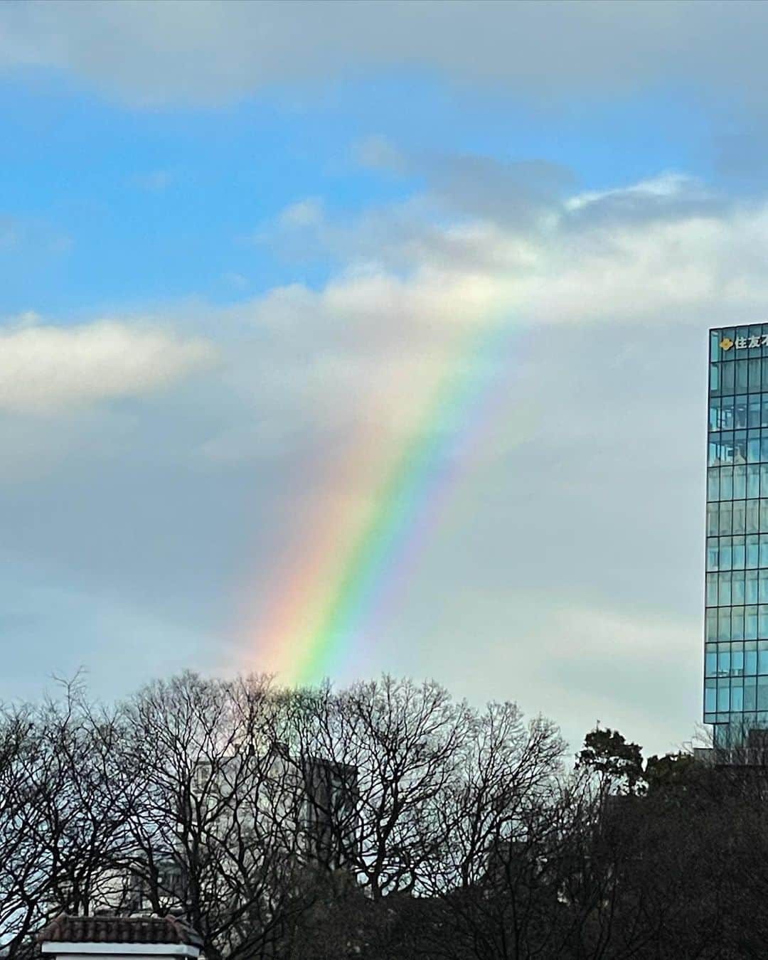 のインスタグラム：「トレーニングをしてたら窓から大きな大きな虹がーー🌈🌈🌈  トレーナーの先生と大はしゃぎしながら写真を撮りました📷笑  こんな大きな虹初めて見たよ〜😍  みんなの希望の虹🌈  #虹 #背中のトレーニング中だから見れたのだ #奇跡」