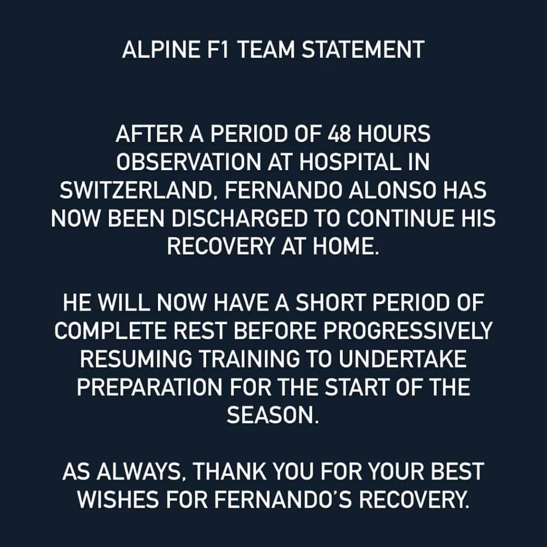 F1さんのインスタグラム写真 - (F1Instagram)「Fernando is out of hospital and on the road to recovery 💪 Get well soon, champ!  📸 #Repost x @alpinef1team  #F1 #Formula1 @fernandoalo_oficial」2月16日 0時28分 - f1