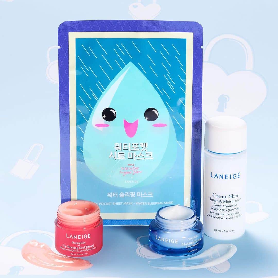 のインスタグラム：「Be sweet to your skin 💙 Celebrate the new @toalltheboysnetflix movie with limited-edition @laneige_us must-haves ✨ The I Choose You Set is packed with a Water Pocket Sheet Mask, Water Bank Moisture Cream, Cream Skin Toner & Moisturizer, and Lip Sleeping Mask for ultra-hydrated skin and lips 😍  P.S. Have you seen the movie yet?  LANEIGE I Choose You Set ─ Netflix To All The Boys I've Loved Before x LANEIGE」