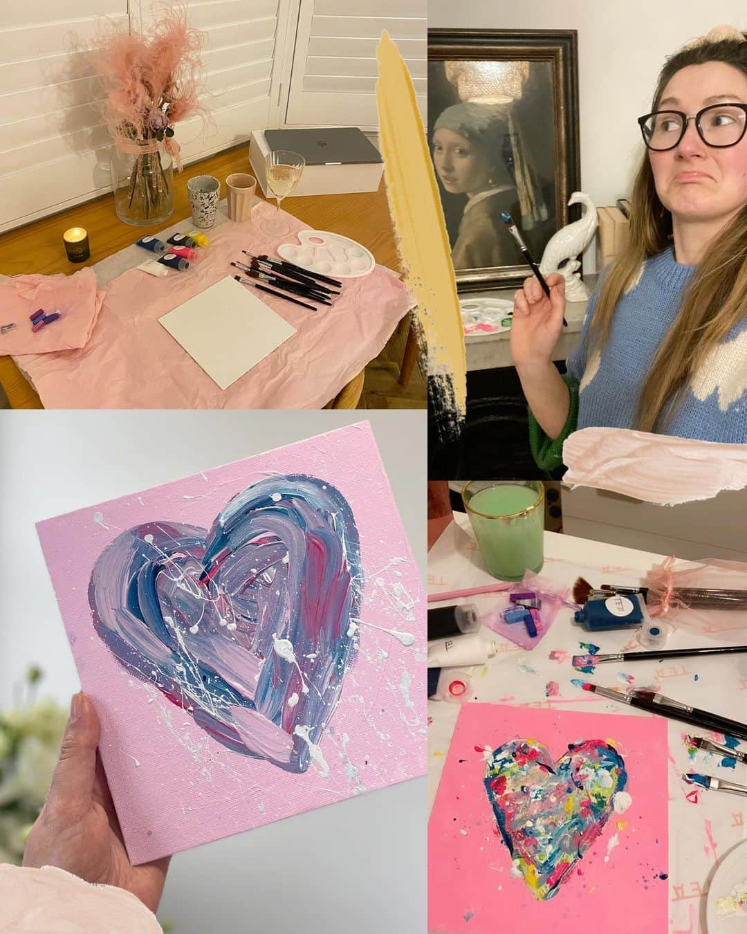 ゾーイ・サグのインスタグラム：「Last week Team Zoella was lucky enough to jump on a zoom and try our hand at painting some pretty epic Galentine's hearts with the woman, the myth, the legend, that is @Sophieteaart ❤️ Head on over to zoella.com today to see an exhibition of our work as well as what we loved about switching off and crafting for an hour with friends. If you're looking to grab an incredible Sophie Tea heart print for yourself then make sure you check out her latest limited drop 😍」