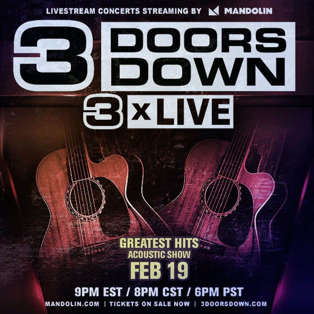3 Doors Downのインスタグラム：「This Friday, we take the stage for our 2nd #3DD3xL concert – and this time we’re going acoustic!  Grab your tickets now at the link in our bio.」