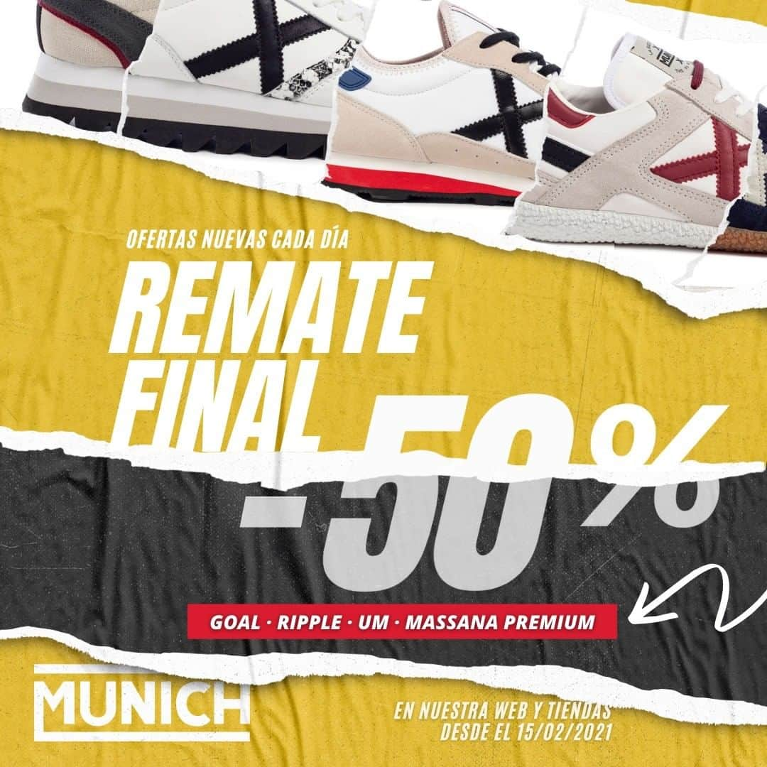 ミュニックのインスタグラム：「REMATE FINAL REBAJAS MUNICH ⚠️🛒 ¡Hoy GOAL, RIPPLE, UM y MASSANA PREMIUM al -50%! Visita nuestra web y tiendas 👉 www.munichsports.com  #MunichSports #Rebajas #tiendasMUNICH #moda #deporte #zapatillasMunich #kids #accesorios」