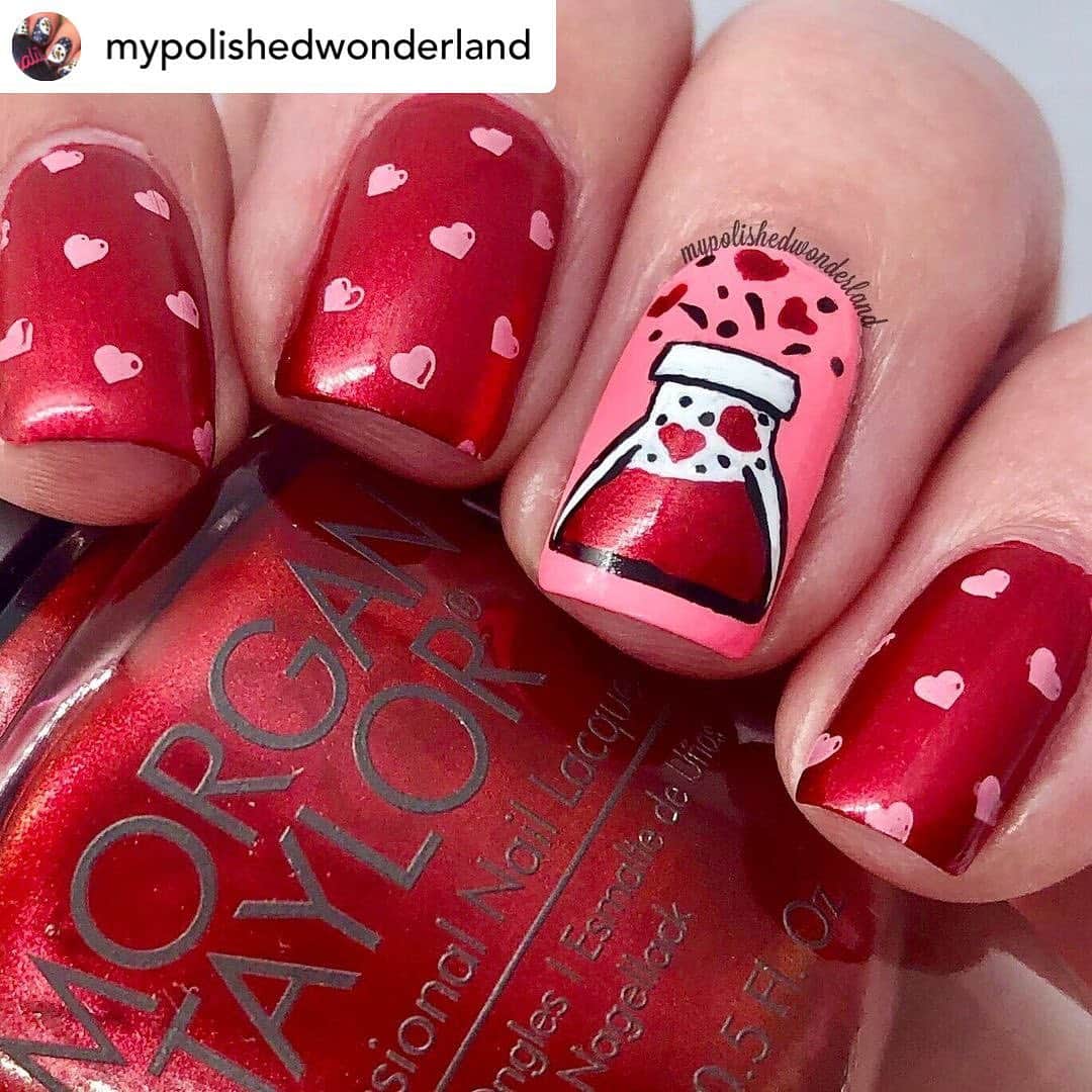 Nail Designsのインスタグラム：「By• @mypolishedwonderland Hearts for #glamnailschallengefeb I saw this love potion design by @nail_station_im & fell in love. Thought it was perfect for this prompt. Love potion was freehand with polish & the other nails were stamped. . . . Stamping plate- @uberchicbeauty Love & Marriage 03 Red polish- @mtmorgantaylor Just One Bite」