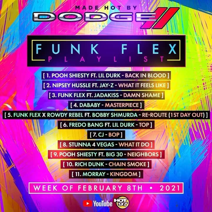 ファンクマスター・フレックスのインスタグラム：「FUNKFLEX PLAYLIST   PLAYLIST MANAGER: @wilmajor   1 @poohshiesty ft. @LilDurk - Back In Blood (Prod by @turnmeupyc ) @atlanticrecords @Laflare1017 2 @NipseyHussle ft. #JayZ - what it feels like (Prod by @1500ornothin @mike_n_keys @myguymars @rance1500 ) @archdvs @digitalprince_ @stevecarless 3 @FunkFlex ft. @jadakiss - Damn Shame (Prod by @funkflex @Murdabeatz )  @inflexwetrust  4 @DaBaby - Masterpiece (Prod by @dagotthatdope ) @arnoldltaylor @interscope 5 @FunkFlex x @RowdyRebel ft. @realbobbyshmurdags9 - Re-Route(1st Day Out) (Prod by  @funkflex @luisbordeaux  @nonnativemusic ) @fettylucianogs9 @bean_ishhh @iamsylviarhone @ezekillewis @inflexwetrust  @june_biz 6 @fredobang ft. @LilDurk - Top (Prod by @djchose ) @defjam 7 @realCJ_ - Bop (Prod by  #AN )   )  @JamesCruz1 @therealdjstacks @frenchmontana @mex3media @warnerrecords @ronstew @juinjeff @mikechester @mixedbythebest @bayschuck @wiltwallace  8 @Stunna4Vegas - What It Do (Prod by @djtrebble @stxnk ) #billiondollababyent @billiondollarbabyentertainment 9 @Poohshiesty ft. @ceobig30 - Neighbors (Prod by #CMO ) @atlanticrecords @Laflare1017  10 @richdunk_lok - Chain Smoke #billiondollababyent @billiondollarbabyentertainment 11 @morrayda1 - Kingdom (prod by @foreigngotem @prod.dzimi ) @picksixrecords @shalizi」