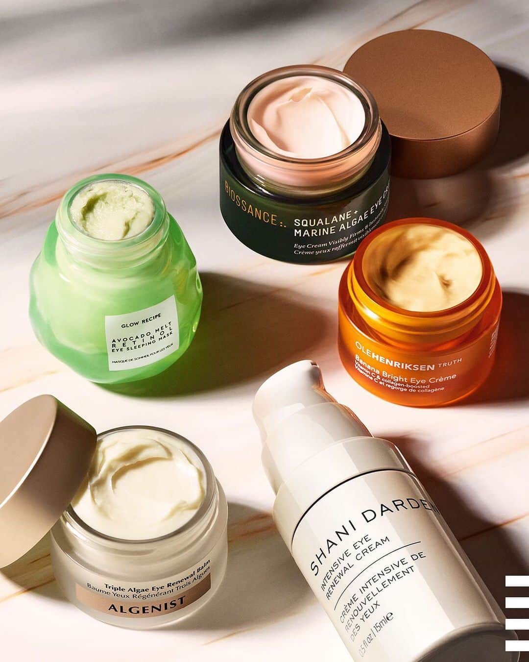 のインスタグラム：「Some call it eye cream. We call it under-eye bliss 💕 These must-try creams transform dryness and puffiness into hydrated, smoother-looking skin—so, which one are your eyes craving? 👀  … @algenist Algenist Triple Algae Eye Renewal Balm with Multi-Peptide Complex  @glowrecipe Glow Recipe Avocado Melt Retinol Eye Sleeping Mask  @biossance Biossance Squalane + Marine Algae Eye Cream  @olehenriksen OLEHENRIKSEN Banana Bright Eye Crème  @shanidarden Shani Darden Skin Care Intensive Eye Renewal Cream with Firming Peptides」