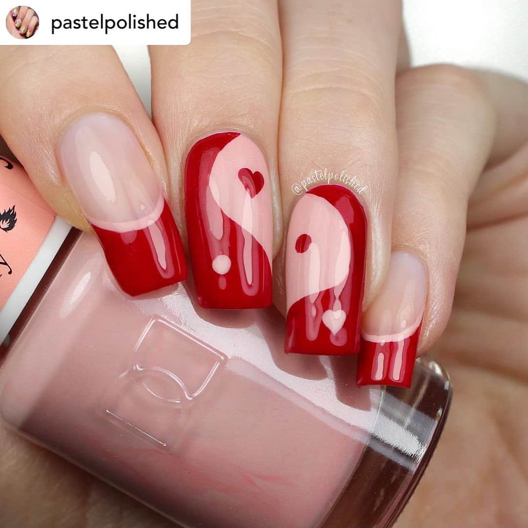 Nail Designsのインスタグラム：「By• @pastelpolished happy valentine’s day!💕🤍  here are some pinterest-inspired valentine’s day nails that i’m in loove with🤍 (couldn’t find any credit for who started these unfortunately) - @denasnails did some similar nails to these that i’m literally obsessedd with not gonna lie, idk if i like the look of french tips on my square nails - i think it would look so much better on round nails🤩  products used: - @essie “Mademoiselle” * - @dndgel “Mullberry” * - @opi “Red-y for the Holidays” ** - @winstonia_store “Berry wine set” (use code PASTEL10 for 10% off!)  *pr/gifted ** purchased from @beyondpolish/beyondpolishcanada (use code “pastelpolished10” for 10% off!)」