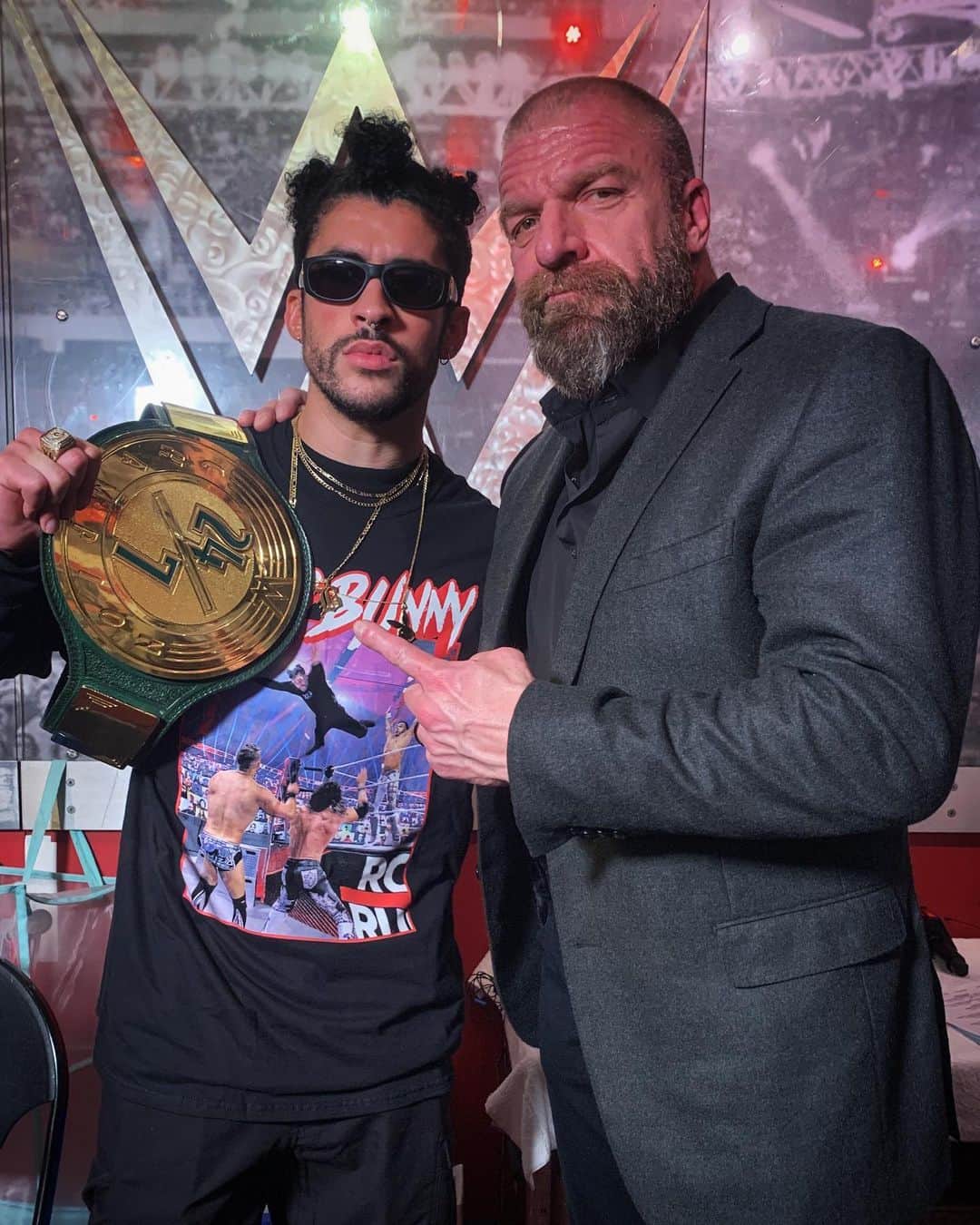 トリプルHのインスタグラム：「A #RoyalRumble moment, an upcoming #SNL appearance and now @wwe #247Champion... @badbunnypr has been a busy man. #ThePoint」
