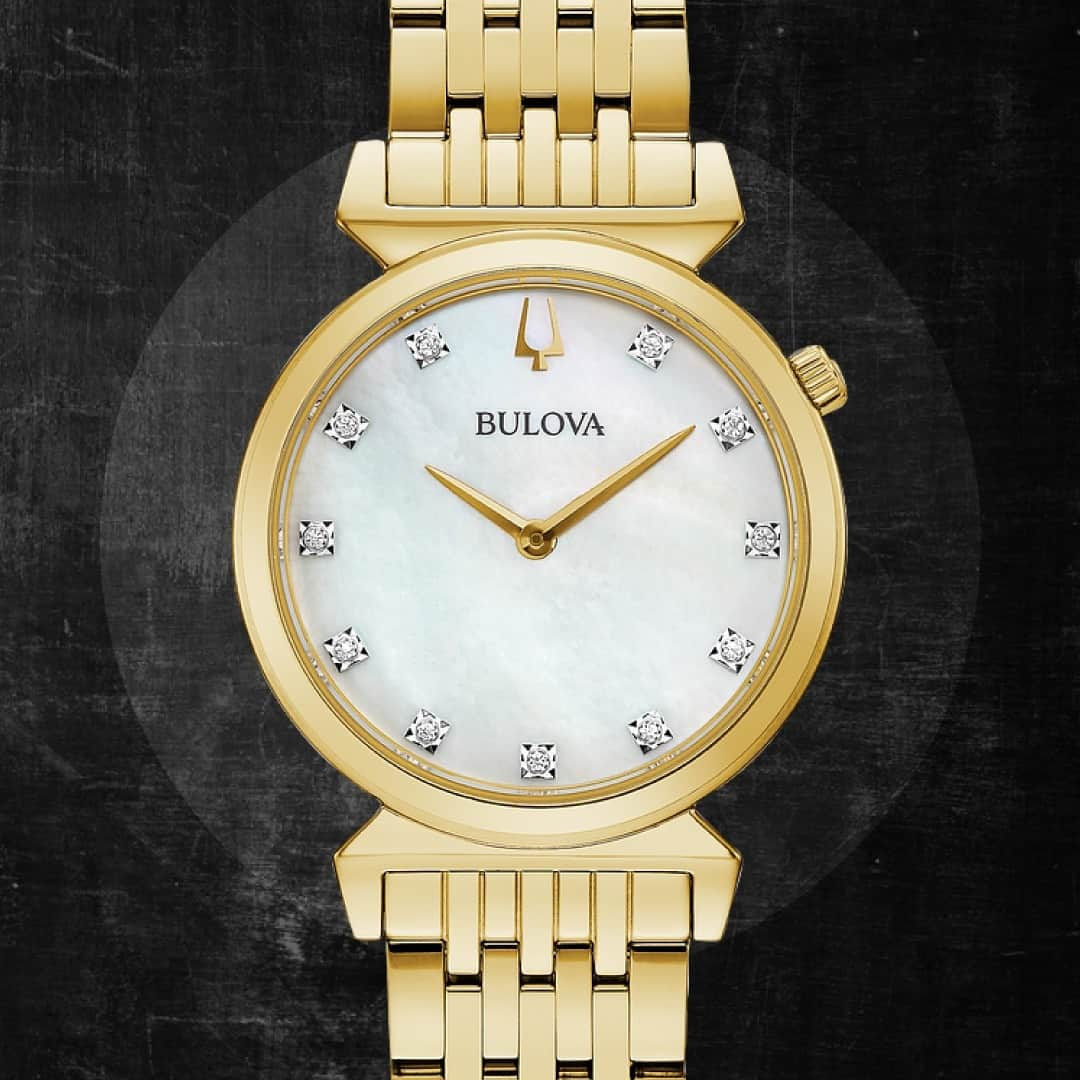 ブローバのインスタグラム：「Paying homage to a popular Bulova line from the 1960s, the updated Regatta collection features the original’s distinct angled lugs and sleek lines. Shown here is a version with a white mother-of-pearl dial set with 11 diamonds. #Bulova #ProudNewYorkers — ⏱: 97P149 MSRP: $495 USD CASE: ø 30 mm」