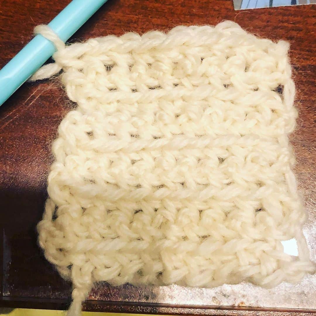 のインスタグラム：「ちょっと真っ直ぐになってきた！所々減ったりしてるのは気のせいです。  #かぎ針編み #不器用 #謎の物体からの脱却 #目指せニャンモック #元気にひきこもり」