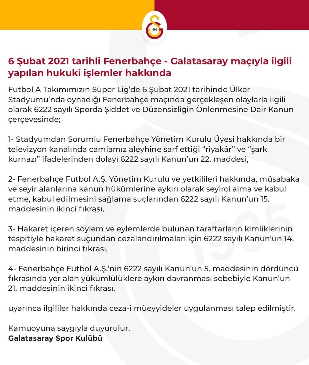 ガラタサライSKさんのインスタグラム写真 - (ガラタサライSKInstagram)「6 Şubat 2021 tarihli Fenerbahçe - Galatasaray maçıyla ilgili yapılan hukuki işlemler hakkında」2月17日 0時25分 - galatasaray