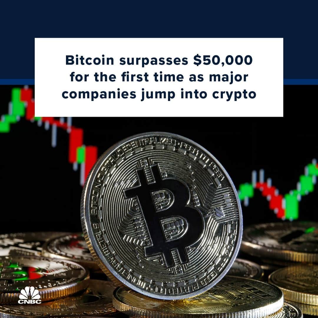 CNBCさんのインスタグラム写真 - (CNBCInstagram)「$50,000. 😮 ⁠ Bitcoin’s price broke above $50,000 for the first time in history Tuesday, continuing its blistering rally as major companies appear to be warming to cryptocurrencies. The cryptocurrency later fell below the mark, trading 0.6% higher at a price of $48,952.⁠ ⁠ Bitcoin has gotten a boost from news of large firms like Tesla and Mastercard showing support for crypto. Tesla last week revealed it had bought $1.5 billion worth of bitcoin and plans to accept the digital coin as payment for its products, while Mastercard said it will open up its network to some digital currencies. PayPal and BNY Mellon have also made big moves to support crypto.⁠ ⁠ More details at the link in bio.」2月17日 0時31分 - cnbc