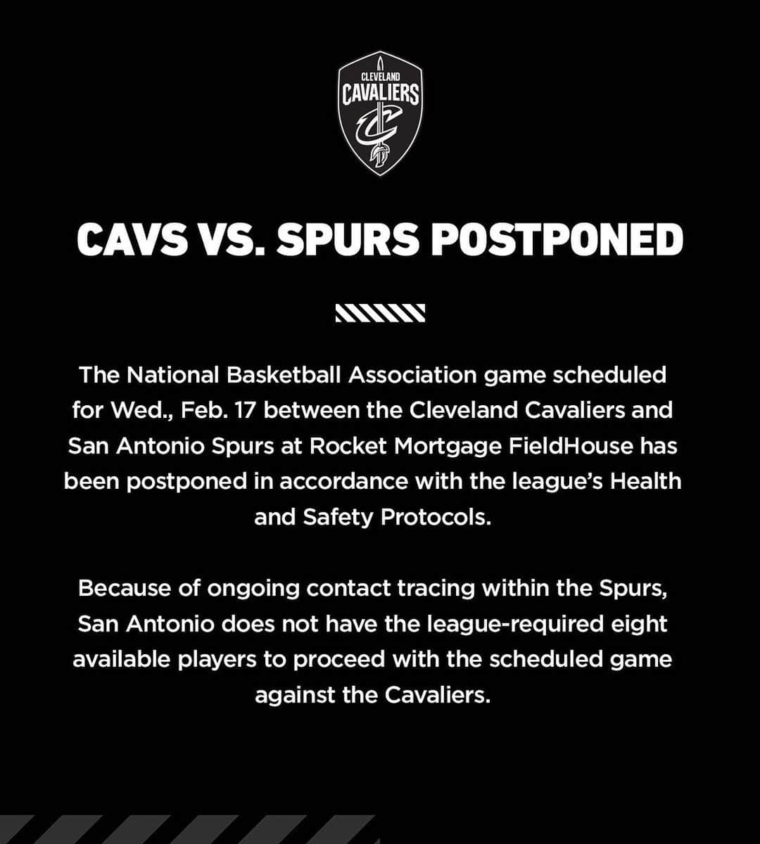 キャブスさんのインスタグラム写真 - (キャブスInstagram)「Wednesday’s game vs. San Antonio has been postponed in accordance with the league’s Health and Safety Protocols.」2月17日 0時51分 - cavs