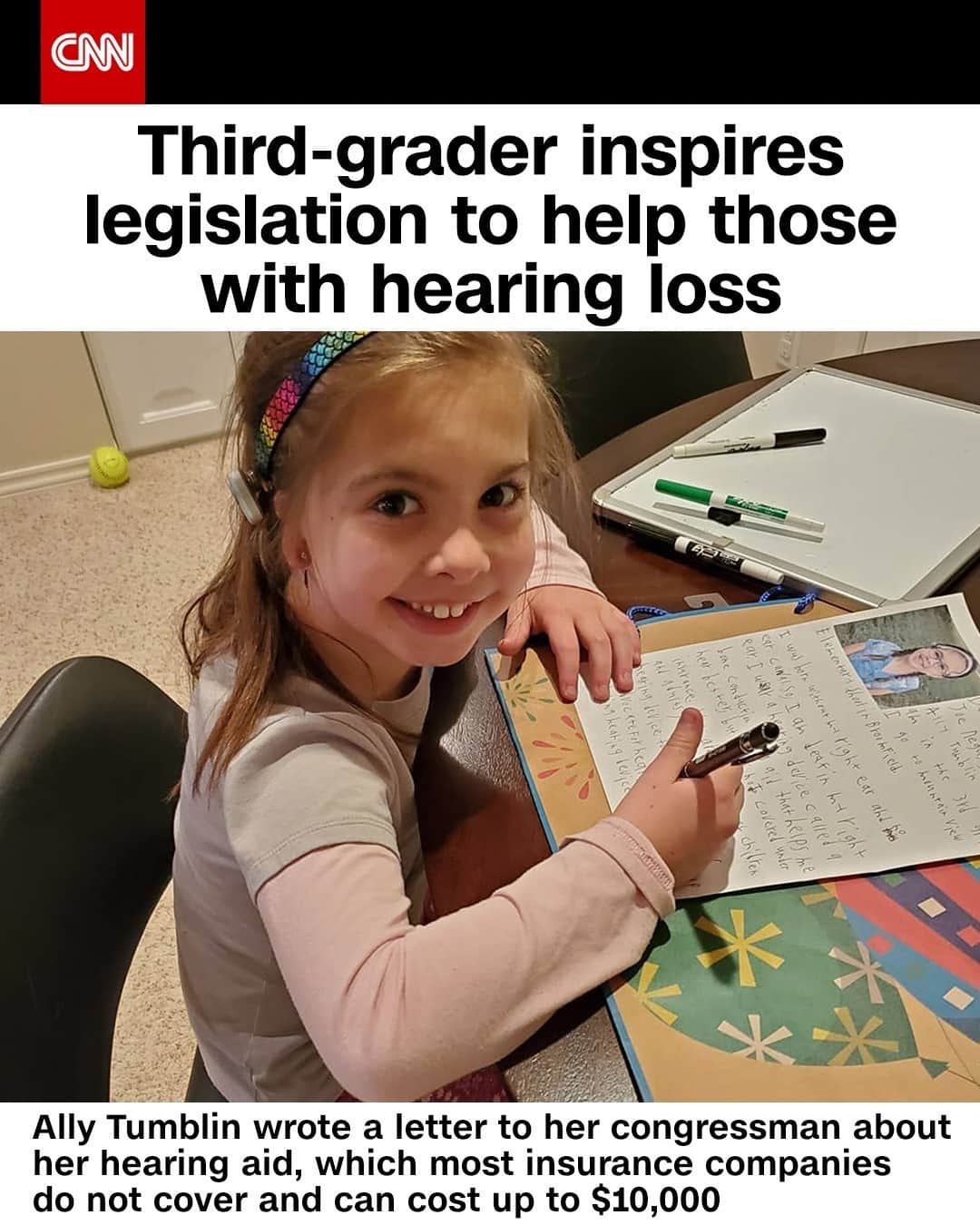 CNNさんのインスタグラム写真 - (CNNInstagram)「At just 9 years old, Ally Tumblin has inspired legislation in Congress that could help thousands of Americans pay for hearing aid devices by mandating insurance companies to cover them. It all started with Ally writing a letter to her elected official about her struggle to hear and the importance of her BAHA — a bone-anchored hearing aid that's used to treat hearing loss. It's a device that most insurance companies do not cover and can cost up to $10,000. After receiving her letter, Rep. Joe Neguse established Ally's Act, H.R. 477. The bill would require insurance providers to cover osseointegrated devices, including BAHAs and cochlear implants for children and adults from birth to age 64. Tap the link in our bio for the full story. ⁠ ⁠ (📸: Melissa Tumblin)」2月16日 17時01分 - cnn