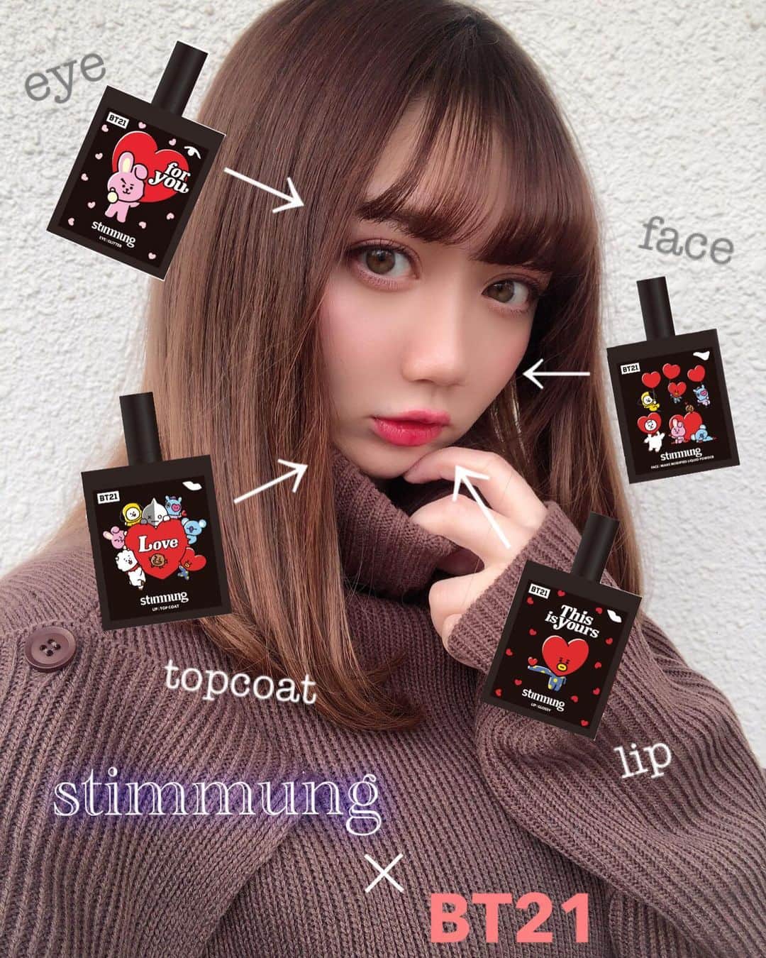 のインスタグラム：「超プチプラ韓国コスメ💄🇰🇷 @stimmung.jp_official ×BTSコラボ パッケージがめっちゃ可愛いよね♡  LIP GLOSSY (全4種類) RED ▷ほんのりピンクっぽいレッドだから赤！って感じが苦手な人にピッタリ！ 塗った瞬間にスースーして唇がぷっくりするのが分かる！あまりベタつかないし、唇に密着感があって気に入ってる♡  EYE GLITTER(全4種類) SAKURA PINK ▷薄ピンクでキラキラしてるからピンクメイク以外のメイクにも合うし、マスクメイクにピッタリだなぁと思った！涙袋とかに塗るとキラキラしてて可愛い💕  メイク直しパウダーリキッド ▷塗った瞬間にサラッとしてるから私みたいなオイリー肌の人にもおすすめ。ファンデのヨレを抑えてくれるし、何よりコンパクトだから持ち歩きに便利だよね！  リップコート ▷塗った感じはサラッとマットになる感じ！ 手持ちのリップに合わせて塗るとマスクにリップがつきづらくなるから絶対使うべし!  #stimmung#lipglossy#eyeglitter#bts#make#cosmetics#cosme#スティモン#リップ#アイシャドウ#メイク直し#マスクメイク#落ちにくいリップ#BTSコラボ#stimmungコラボ#メイク#コスメ#美容」