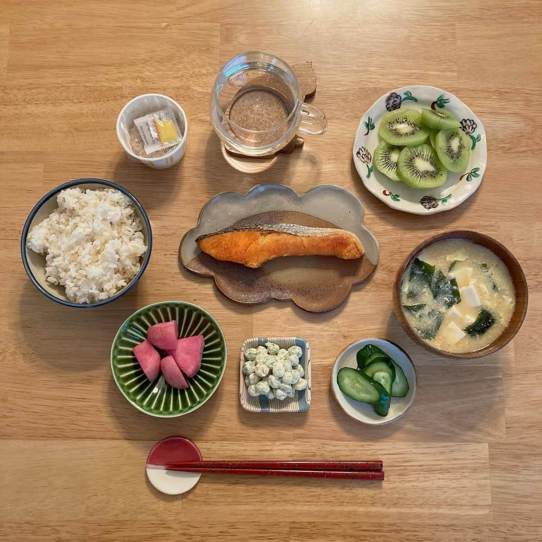 櫛引彩香のインスタグラム：「やった、確定申告ほぼ出来たね🤗 シャケは中辛。君たちはキウイ。 #ビキコのごはん  #鮭の時」