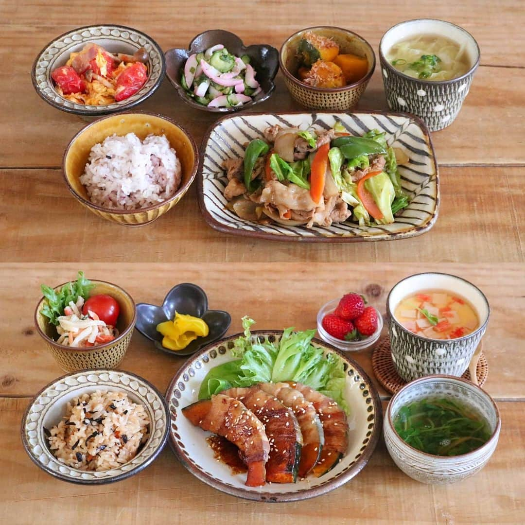 yunaのインスタグラム：「♩ #まとめて投稿 #ひとりごはん . . 🍚キャベツと豚肉のオイスター味噌炒め トマトと玉子の炒め物 かまぼこときゅうりの酢の物 かぼちゃ煮のおかかまぶし お味噌汁 . . 🍚かぼちゃの豚肉巻き ひじきごはん 切り干し大根のサラダ 茶碗蒸しカニカマあんかけ 豆苗のスープ いちご🍓 . . #yunaご飯#igersjq#今日のごはん#食卓#yummy#お家ごはん#foodstagram#lin_stagrammer#delistagrammer#Japanesefood#デリスタグラマー#クッキングラム#クッキングラムアンバサダー#タベリー#フーディーテーブル#てづくりごはん365#おうちごはん#おうちごはんlover#Japan#マカロニメイト#夜ごはん#晩ごはん#小石原焼#翁明窯元」