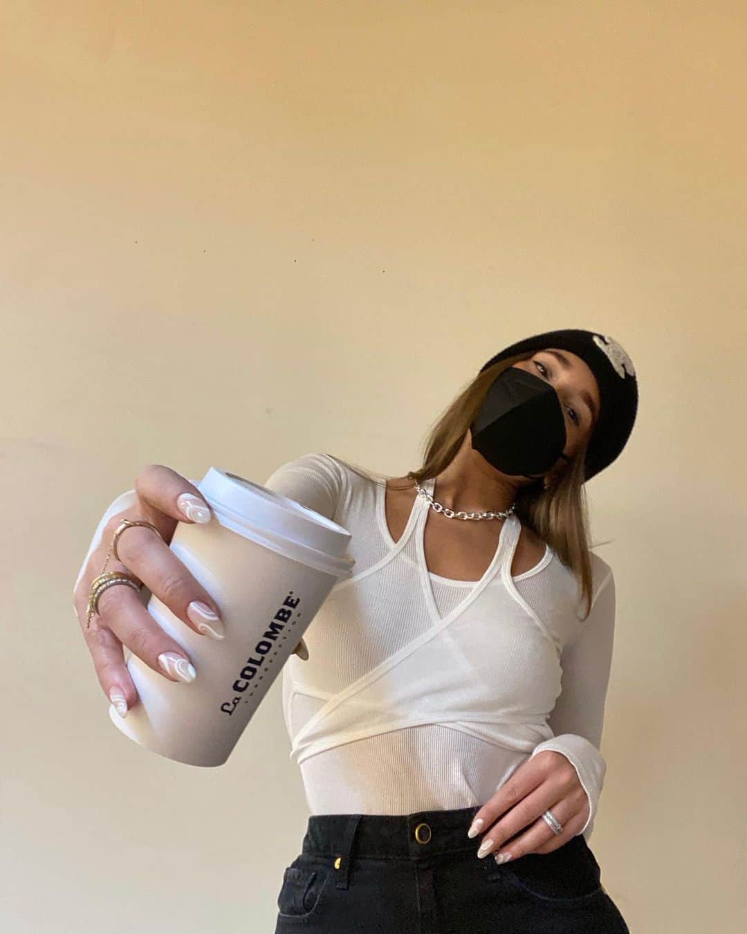 We Wore Whatのインスタグラム：「Almond milk cappuccino please ☕️ and yes the bags under my eyes are designer, I heard they’re trending?!」
