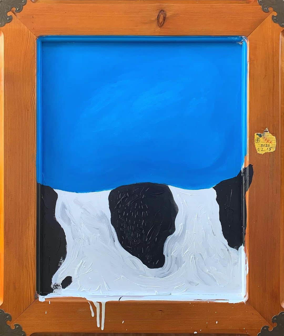 ヒョンミン のインスタグラム：「“늘어난 티셔츠”   55.4 x 65.5cm  Mixed media on wood panel, 2021」