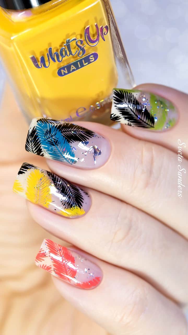 Sveta Sandersのインスタグラム：「I used products by @whatsupnails / я использовала материалы от @whatsupnails:  🌟Whats Up Nails Stamping Polishes : 💕“Neither Noir”  💕 “Squished Squash Soup”  💕“Floral Correlation”  💕 “Not a Big Teal”  💕 “Avocado Toast”   🌟B028 Tropical Escape stamping plate  🌟Shattered Holo Silver Glitter   🌟Magnified Clear Stamper & Scraper」