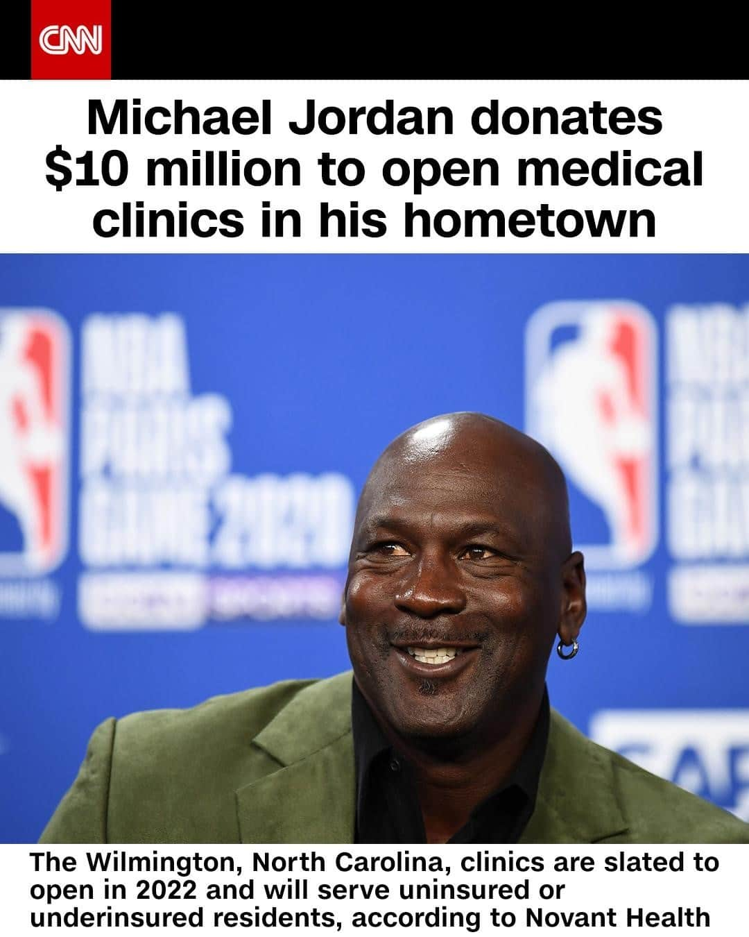 CNNさんのインスタグラム写真 - (CNNInstagram)「Michael Jordan is donating $10 million to open two new medical clinics in his hometown of Wilmington, North Carolina. The clinics, slated to open in 2022, will serve the uninsured or underinsured residents of New Hanover County, according to a news release from Novant Health, a regional health care system. "Everyone should have access to quality health care, no matter where they live, or whether or not they have insurance," Jordan said. "Wilmington holds a special place in my heart and it's truly gratifying to be able to give back to the community that supported me throughout my life." tap the link in our bio to learn more. ⁠ ⁠ (📸: Franck Fife/AFP/Getty Images)」2月16日 23時10分 - cnn