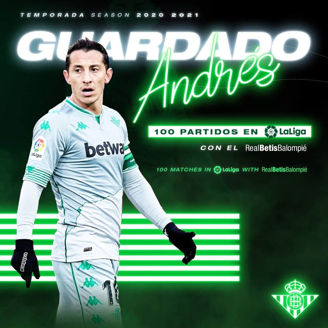レアル・ベティスさんのインスタグラム写真 - (レアル・ベティスInstagram)「¡100 partidos como verdiblanco en @laliga para Andrés Guardado! 💯🤴😃 -- 100 matches as a Green and White in LaLiga for Andrés Guardado! 💯🤴😀」2月17日 1時36分 - realbetisbalompie