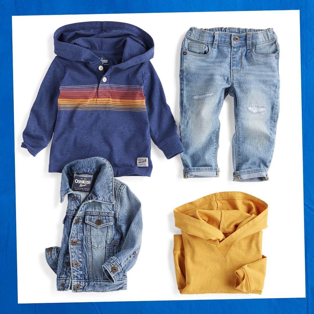 オシュコシュのインスタグラム：「Stripes or solids? What do you pair with your favorite blues? #oshkoshkids #denim #newarrivals」