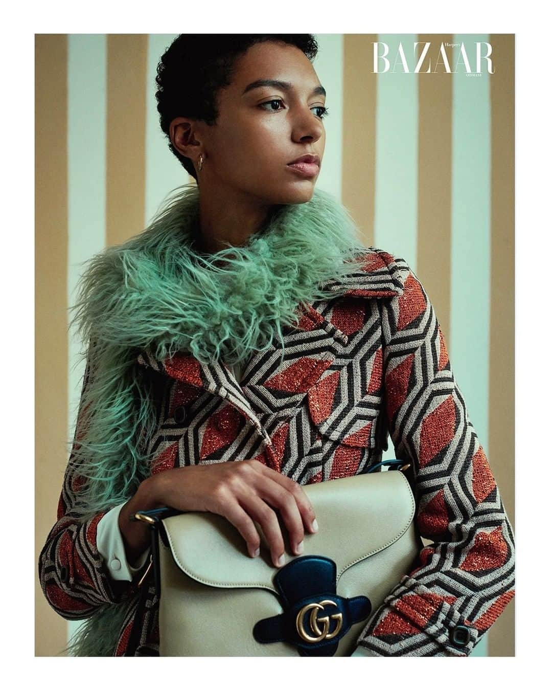 のインスタグラム：「The new #GucciEpilogue shoulder bag with Double G hardware appears in an image from @harpersbazaargermany’s February issue, styled with a graphic jacquard coat. Photography by Sofia Sanchez and Mauro Mongiello @sofiaandmauro and styling by @kaimargrander. #GucciEditorials #AlessandroMichele @alessando_michele」