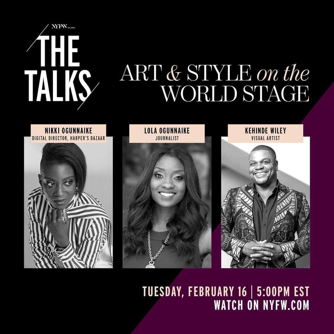 Fashion Weekのインスタグラム：「At 5pm EST: fashion sisters @nikkiogun, Digital Director of @harpersbazaar, and journalist @lolaogunnaike get into a deep conversation with visual artist @kehindewiley about his remarkable career, seminal fashion moments, dressing for the grand stage, and more. Watch it LIVE at nyfw.com」